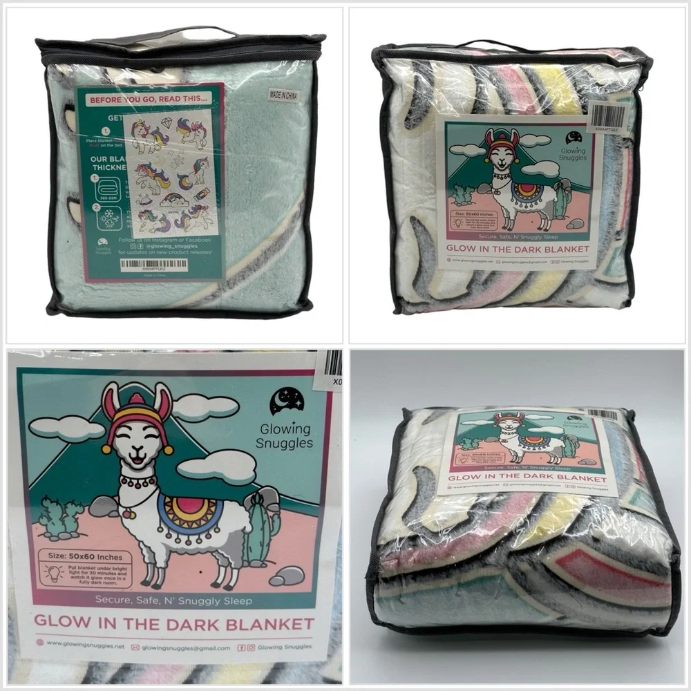 Glow in the Dark Blanket Llama Colorful Soft 50 x 60 inches Fun Sleep Time NEW